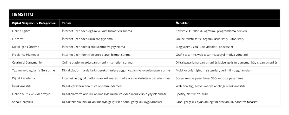 Online Eğitim, İnternet üzerinden eğitim ve kurs hizmetleri sunma, Çevrimiçi kurslar, dil öğretimi, programlama dersleri, E-ticaret, İnternet üzerinden ürün satışı yapma, Online tekstil satışı, organik ürün satışı, kitap satışı, Dijital İçerik Üretme, İnternet üzerinden içerik üretme ve yayınlama, Blog yazımı, YouTube videoları, podcastler, Freelance Hizmetler, İnternet üzerinden freelance olarak hizmet sunma, Grafik tasarımı, web tasarımı, sosyal medya yönetimi, Çevrimiçi Danışmanlık, Online platformlarda danışmanlık hizmetleri sunma, Dijital pazarlama danışmanlığı, kişisel gelişim danışmanlığı, iş danışmanlığı, Yazılım ve Uygulama Geliştirme, Dijital platformlarda farklı gereksinimlere uygun yazılım ve uygulama geliştirme, Mobil oyunlar, işletim sistemleri, verimlilik uygulamaları, Dijital Pazarlama, İnternet ve digital platformları kullanarak markaların ve ürünlerin pazarlanması, Sosyal medya pazarlama, SEO, e-posta pazarlama, İçerik Analitiği, Dijital içeriklerin analizi ve optimize edilmesi, Web analitiği, sosyal medya analitiği, içerik analitiği, Online Müzik ve Video Yayını, Dijital platformların kullanılmasıyla müzik ve video içeriklerinin yayınlanması, Spotify, Netflix, Youtube, Sanal Gerçeklik, Dijital teknolojinin kullanılmasıyla geliştirilen sanal gerçeklik uygulamaları, Sanal gerçeklik oyunları, eğitim araçları, 3D sanat ve tasarım