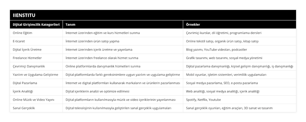 Online Eğitim, İnternet üzerinden eğitim ve kurs hizmetleri sunma, Çevrimiçi kurslar, dil öğretimi, programlama dersleri, E-ticaret, İnternet üzerinden ürün satışı yapma, Online tekstil satışı, organik ürün satışı, kitap satışı, Dijital İçerik Üretme, İnternet üzerinden içerik üretme ve yayınlama, Blog yazımı, YouTube videoları, podcastler, Freelance Hizmetler, İnternet üzerinden freelance olarak hizmet sunma, Grafik tasarımı, web tasarımı, sosyal medya yönetimi, Çevrimiçi Danışmanlık, Online platformlarda danışmanlık hizmetleri sunma, Dijital pazarlama danışmanlığı, kişisel gelişim danışmanlığı, iş danışmanlığı, Yazılım ve Uygulama Geliştirme, Dijital platformlarda farklı gereksinimlere uygun yazılım ve uygulama geliştirme, Mobil oyunlar, işletim sistemleri, verimlilik uygulamaları, Dijital Pazarlama, İnternet ve digital platformları kullanarak markaların ve ürünlerin pazarlanması, Sosyal medya pazarlama, SEO, e-posta pazarlama, İçerik Analitiği, Dijital içeriklerin analizi ve optimize edilmesi, Web analitiği, sosyal medya analitiği, içerik analitiği, Online Müzik ve Video Yayını, Dijital platformların kullanılmasıyla müzik ve video içeriklerinin yayınlanması, Spotify, Netflix, Youtube, Sanal Gerçeklik, Dijital teknolojinin kullanılmasıyla geliştirilen sanal gerçeklik uygulamaları, Sanal gerçeklik oyunları, eğitim araçları, 3D sanat ve tasarım