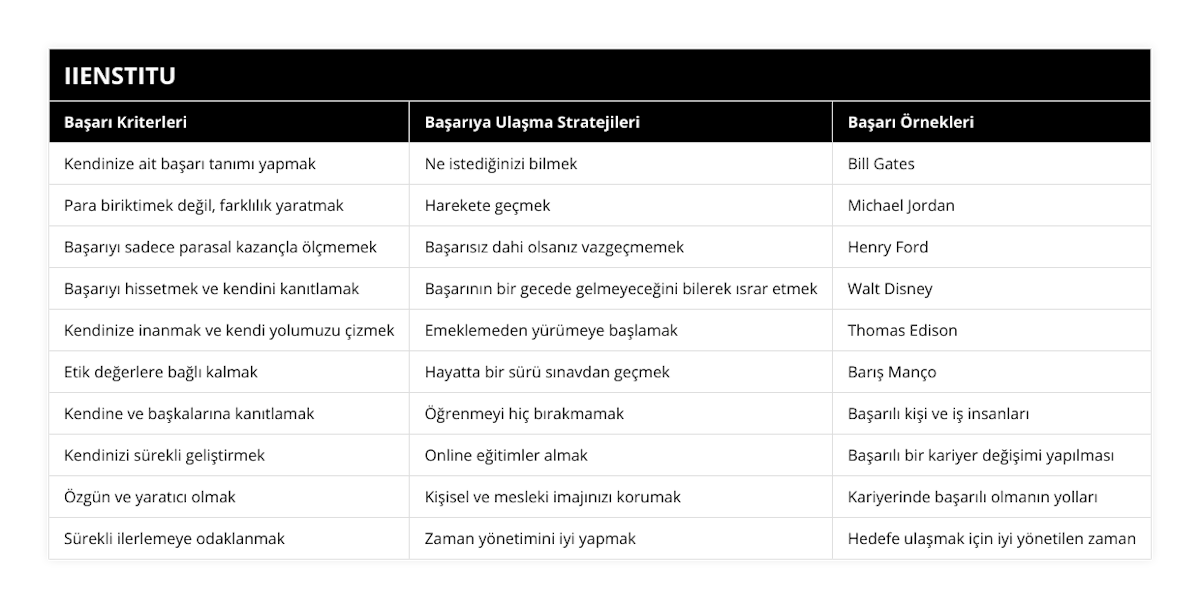 Kendinize ait başarı tanımı yapmak, Ne istediğinizi bilmek, Bill Gates, Para biriktimek değil, farklılık yaratmak, Harekete geçmek, Michael Jordan, Başarıyı sadece parasal kazançla ölçmemek, Başarısız dahi olsanız vazgeçmemek, Henry Ford, Başarıyı hissetmek ve kendini kanıtlamak, Başarının bir gecede gelmeyeceğini bilerek ısrar etmek, Walt Disney, Kendinize inanmak ve kendi yolumuzu çizmek, Emeklemeden yürümeye başlamak, Thomas Edison, Etik değerlere bağlı kalmak, Hayatta bir sürü sınavdan geçmek, Barış Manço, Kendine ve başkalarına kanıtlamak, Öğrenmeyi hiç bırakmamak, Başarılı kişi ve iş insanları, Kendinizi sürekli geliştirmek, Online eğitimler almak, Başarılı bir kariyer değişimi yapılması, Özgün ve yaratıcı olmak, Kişisel ve mesleki imajınızı korumak, Kariyerinde başarılı olmanın yolları, Sürekli ilerlemeye odaklanmak, Zaman yönetimini iyi yapmak, Hedefe ulaşmak için iyi yönetilen zaman