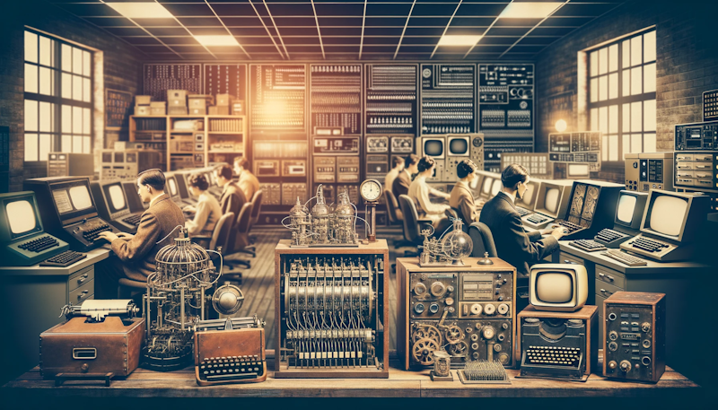 Turing Testi döneminden sahneleri doğal dil işleme üzerine çalışan modern bilgisayar laboratuvarlarıyla harmanlayan fotoğraf montajı. Eski bilgisayarlar, bu alandaki ilerlemeyi simgeleyen son teknoloji ürünü düzeneklerle yan yana.