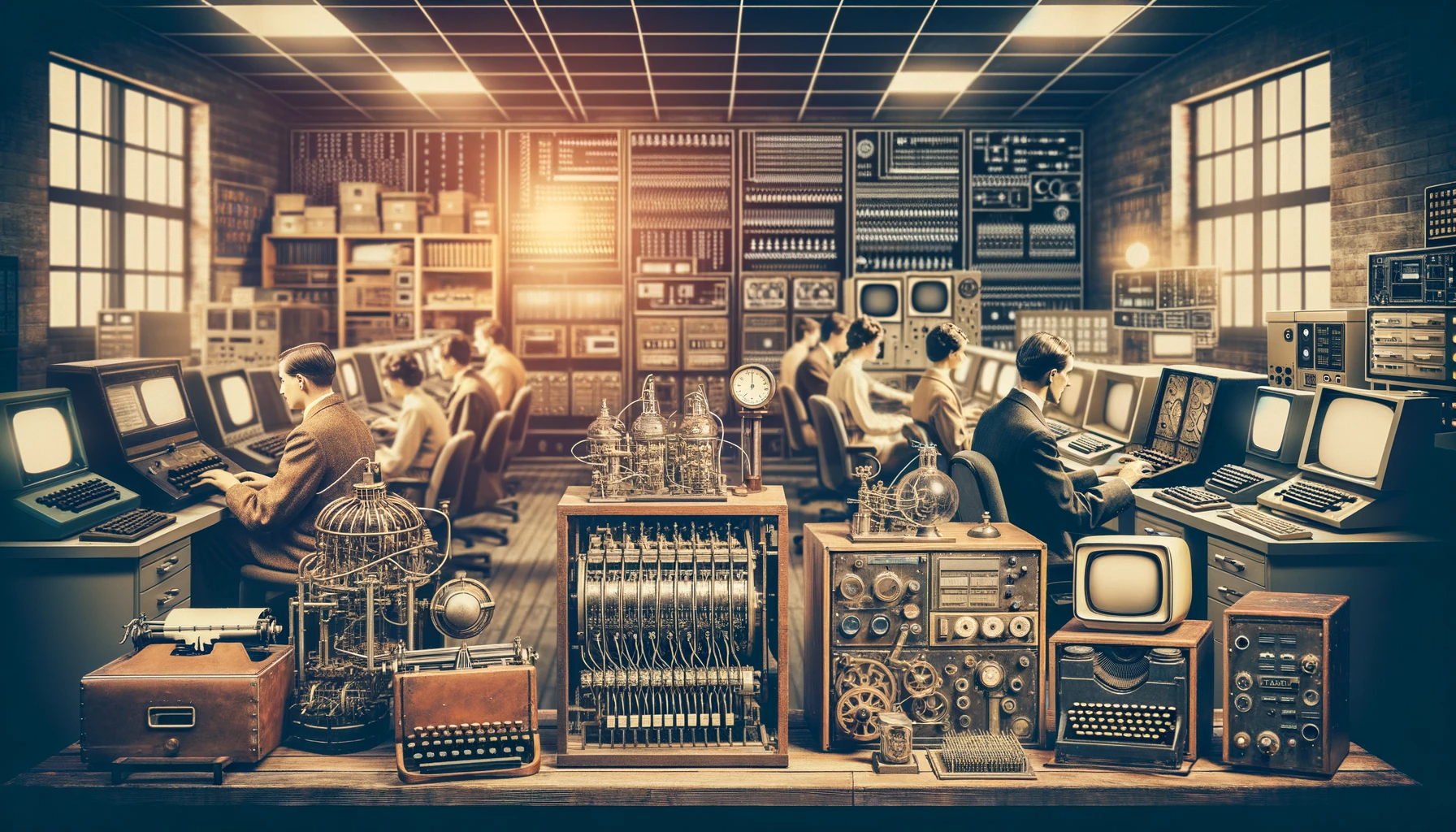 Turing Testi döneminden sahneleri doğal dil işleme üzerine çalışan modern bilgisayar laboratuvarlarıyla harmanlayan fotoğraf montajı. Eski bilgisayarlar, bu alandaki ilerlemeyi simgeleyen son teknoloji ürünü düzeneklerle yan yana.