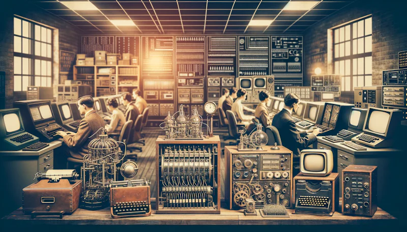 Turing Testi döneminden sahneleri doğal dil işleme üzerine çalışan modern bilgisayar laboratuvarlarıyla harmanlayan fotoğraf montajı. Eski bilgisayarlar, bu alandaki ilerlemeyi simgeleyen son teknoloji ürünü düzeneklerle yan yana.