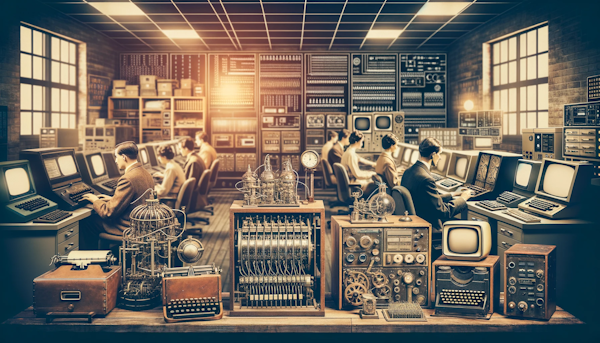 Turing Testi döneminden sahneleri doğal dil işleme üzerine çalışan modern bilgisayar laboratuvarlarıyla harmanlayan fotoğraf montajı. Eski bilgisayarlar, bu alandaki ilerlemeyi simgeleyen son teknoloji ürünü düzeneklerle yan yana.