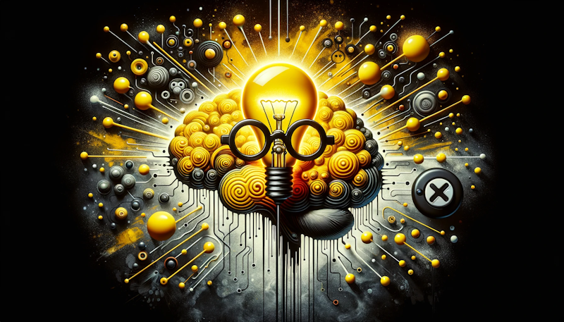 Fotoğraf, çarpıcı, canlı sarı, koyu siyah, saf beyaz, insan beyninin soyut temsili, birbirine bağlı yollar, konuşma balonları, gözlük takan bir ampul gibi mizahi unsurlar, eylemleri kontrol eden bir joystick gibi davranış sembolleri, zihnin gücünü vurgulayan gölgeler ve kontrastlar, eğlenceli araçlar olarak görselleştirilen NLP (Nöro-Linguistik Programlama) teknikleri, geleneksel düşünce ile NLP yöntemlerinin yan yana getirilmesi, dili eyleme bağlayan gerçeküstü, ilginç unsurlar, NLP'nin özünü simgeleyen merkezden yayılan canlı enerji .