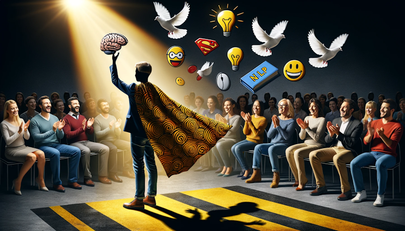 Süper kahraman duruşunda, beyin desenli bir pelerin giymiş bir kişinin fotoğrafı, sarı ve siyah çizgili bir sahnede, spot ışığı üzerlerinde, beyaz güvercinler özgürlüğü temsilen etrafta uçuyor, bir ampul, 'NLP' etiketli bir kitap ve gülümseyen bir maske gibi mizahi simgelerle hokkabazlık yapıyorlar, arka planda eski benliklerinin bir silueti kambur oturuyor, dönüşümü sergiliyor, farklı figürlerden oluşan bir seyirci alkışlıyor ve gülüyor, topluluk desteğini ve öz saygıyı geri kazanmanın sevincini simgeliyor.