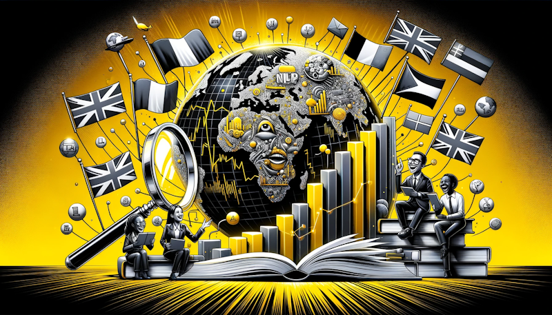 Geniş fotoğraf, canlı sarı, siyah ve beyaz tonlar, en iyi NLP eğitimi veren ülkeleri temsil eden 10 bayrakla çevrili çarpıcı bir dünya sahnesi, algoritmaları gösteren konuşma balonlarıyla araştırmacıların eğlenceli karikatürleri, kitaplardan yapılmış sembolik bir çubuk grafikle yan yana, eğitim ve bilginin derinliğine işaret ediyor, karakterler gülüyor, NLP ipuçlarını paylaşıyor, dünyanın bazı bölgelerini vurgulayan büyük bir büyüteç, NLP'ye odaklanmayı ima ediyor, eski okul kitaplarının ve modern dijital cihazların yan yana getirilmesi, NLP eğitiminin evrimine işaret ediyor  Translated with www.DeepL.com/Translator (free version)