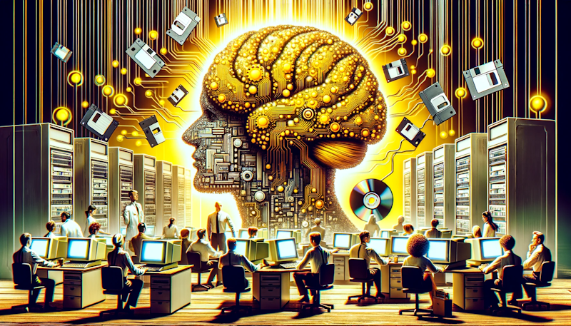 Fotoğraf, çarpıcı, sarı, siyah, beyaz renkler, 1980'lerde NLP'nin ortaya çıkışı, etkileyici, derin anlam, ayrıntılı, mizah ipucu, bilgisayarlar, vintage, büyük boy disketler, verileri analiz eden çeşitli araştırmacılar, retro ofis ortamı, komik etkileşimler, fütüristik AI sembolleriyle yan yana eski okul teknolojisi, 80'lerin kıyafetlerindeki karakterler, beklenmedik bağlantı, devrelerden yapılmış dev beyin.