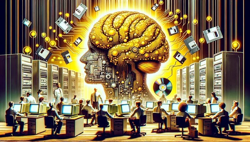 Fotoğraf, çarpıcı, sarı, siyah, beyaz renkler, 1980'lerde NLP'nin ortaya çıkışı, etkileyici, derin anlam, ayrıntılı, mizah ipucu, bilgisayarlar, vintage, büyük boy disketler, verileri analiz eden çeşitli araştırmacılar, retro ofis ortamı, komik etkileşimler, fütüristik AI sembolleriyle yan yana eski okul teknolojisi, 80'lerin kıyafetlerindeki karakterler, beklenmedik bağlantı, devrelerden yapılmış dev beyin.