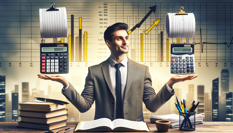 Büyük boy hesap makinesi, kalem ve defterle hokkabazlık yapan bir iş adamının fotoğrafı, sarı, siyah ve beyazın sembolik renkleri sahneye hakim, ön muhasebenin dengeleyici eylemi için mizahi görsel metafor, arka plan metin olmadan finansal çizelge ve grafiklere ince bir şekilde işaret ediyor, izleyici işletmeler için ön muhasebenin önemini ilişkilendirebilir.