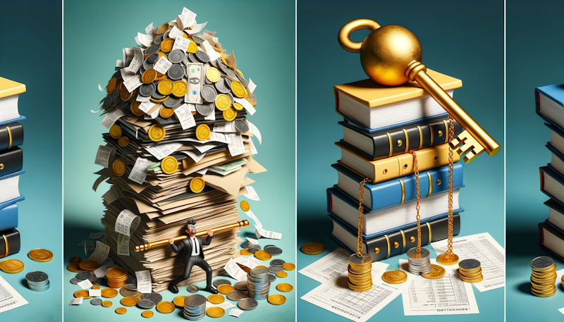 Bir tarafta karmakarışık bir bozuk para, senet ve fatura yığını, diğer tarafta ise düzgün bir şekilde istiflenmiş bir dizi kitap ve altın bir anahtarın fotoğrafı, iş dünyasında ön muhasebenin kilit açma potansiyeline işaret ediyor, renkler ağırlıklı olarak sarı, siyah ve beyaz tonlarında, karikatürize bir karakterin kağıt ağırlığı altında mücadele ederken altın anahtarı kendinden emin bir şekilde tutmasıyla mizahi bir temsil, ön muhasebenin mizahı ve kritikliği arasında bağlantı kuruyor.