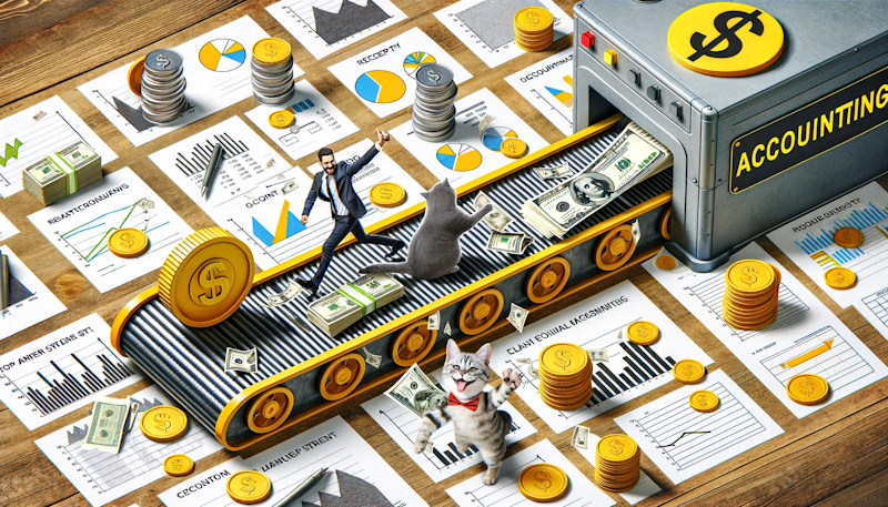 Bir taşıma bandının makbuzları, faturaları ve bozuk paraları 'Muhasebe' etiketli dev bir makineye taşıdığı ve diğer taraftan düzgün çizelgeler ve grafikler içeren şeffaf beyaz kağıtların, bir uçta yuvarlanan bir parayı kovalayan oyuncu bir kedinin ve diğer uçta başparmağıyla onaylayan gururlu bir iş adamının çıktığı fotoğraf, ham verilerden rafine mali tablolara dönüşümü vurgulayan sarı, siyah ve beyaz tonlarında.