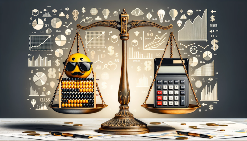 Bir tarafı abaküs gibi geleneksel muhasebe araçlarını, diğer tarafı dizüstü bilgisayar ve grafik çizelgeleri gibi modern iş unsurlarını tutan bir terazi fotoğrafı, sarı, siyah ve beyazın hakim olduğu renkler, eski ile yeninin zıtlığı, modern işletmelerde ön uç muhasebenin kritik rolünü ima ediyor, güneş gözlüğü ve kravat takan bir hesap makinesi ile ilginç bir bükülme, soyut finans sembollerinin ustaca harmanlandığı arka plan, her ayrıntı keskin ve net.