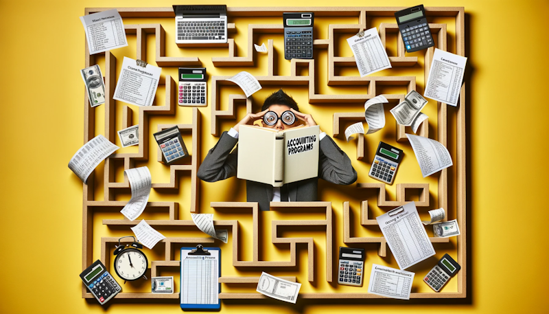 Defterler ve hesap makinelerinden oluşan bir labirent fotoğrafı, başlangıçta elinde 'Muhasebe Programları' başlıklı bir kitap tutan şaşkın bir kişi, sonunda muhasebe yazılımı açık bir bilgisayar, etrafında büyük boy gözlükler, hesap makinesi hataları ve uçan makbuzlar gibi mizahi unsurlar, renkler ağırlıklı olarak sarı, siyah ve beyaz