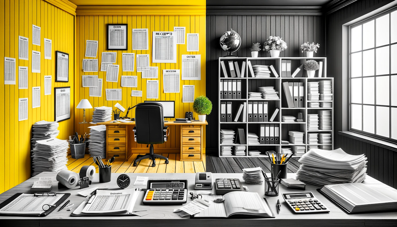 Bölünmüş bir ofis sahnesinin fotoğrafı, sol tarafta 'Ön Muhasebe'yi temsil eden basit makbuzlar, hesap makineleri ve defterlerle dolu bir masa, sağ tarafta 'Genel Muhasebe'yi simgeleyen büyük bir ofis, büyük defterler ve bilgisayar sistemi, zıt görseller, sarı, siyah ve beyaz tonlar, küçük bir ev ofisi ile kurumsal bir ortamın mizahi bir şekilde yan yana getirilmesi, komedi etkisi için abartılmış unsurlar, iki muhasebe türü arasındaki büyük farkı gösteren farklı açılar.