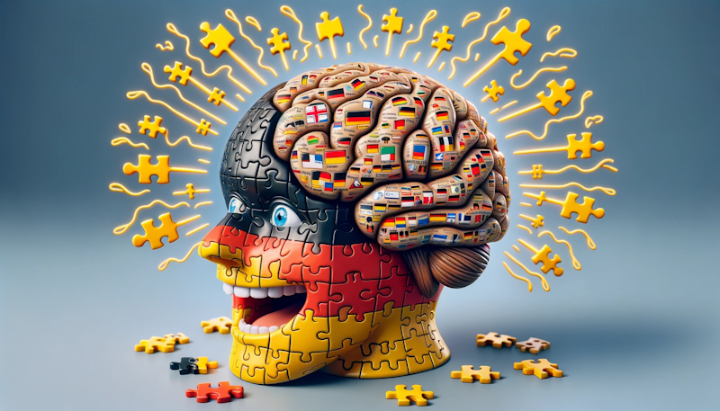 Yapboz parçalarından oluşan bir beyin fotoğrafı, her parça Almanca dilinin kelime bilgisi, gramer ve telaffuz gibi farklı yönlerini simgeliyor, renkler ağırlıklı olarak sarı, siyah ve beyaz, beyin bağlantıları Almanca yer işaretlerinin şeklini oluşturuyor, Almanca ifadelerle mücadele eden ama aynı zamanda heyecanla yapboz parçalarını birleştiren bir kişinin mizahi bir karikatürü, Beynin uyarlanabilirliğini ve esnekliğini gösteren görsel metaforlar, ikonik Almanca öğelerin ve sinirsel yolların yan yana getirilmesi, ünlü Alman bestecilerin notalarıyla yankılanan beyin dalgaları, dil ediniminde beyin plastisitesinin eğlenceli temsili, Almanca öğrenirken beyin plastisitesinden yararlanmanın özünü özetleyen canlı, ayrıntılı ve düşündürücü görüntüler.