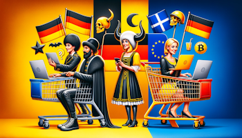 Online alışverişte Almanya ve Avrupa arasındaki kültürel farklılıkları gösteren fotoğraf, canlı sarı, siyah ve beyaz renkler, mizahi görsel, bir tarafta farklı alışveriş alışkanlıklarına sahip Alman birey, diğer tarafta zıt alışkanlıklara sahip Avrupalı alışverişçi, her ikisi de bilgisayar ekranlarına bakıyor, sepetlerde ilginç alışveriş ürünleri, kültürel tuhaflıkları gösteren semboller, geleneksel ve modern unsurların yan yana gelmesi, online alışveriş tercihlerini gösteren ince ipuçları, farklı geçmişlere sahip karakterlerin etkileşimi, online satın alma davranışıyla ilgili beklenmedik kıvrımlar, tarihi referanslar ve modern alışveriş trendleri arasında bağlantı.