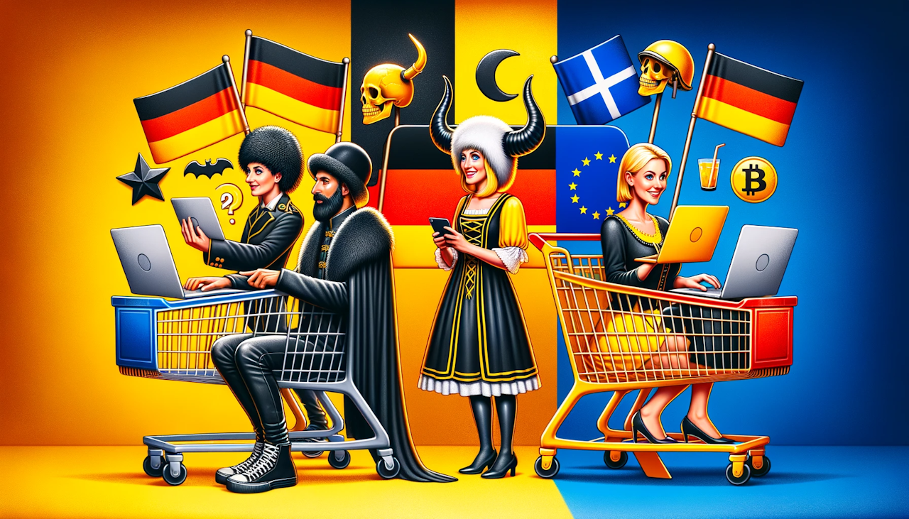 Online alışverişte Almanya ve Avrupa arasındaki kültürel farklılıkları gösteren fotoğraf, canlı sarı, siyah ve beyaz renkler, mizahi görsel, bir tarafta farklı alışveriş alışkanlıklarına sahip Alman birey, diğer tarafta zıt alışkanlıklara sahip Avrupalı alışverişçi, her ikisi de bilgisayar ekranlarına bakıyor, sepetlerde ilginç alışveriş ürünleri, kültürel tuhaflıkları gösteren semboller, geleneksel ve modern unsurların yan yana gelmesi, online alışveriş tercihlerini gösteren ince ipuçları, farklı geçmişlere sahip karakterlerin etkileşimi, online satın alma davranışıyla ilgili beklenmedik kıvrımlar, tarihi referanslar ve modern alışveriş trendleri arasında bağlantı.