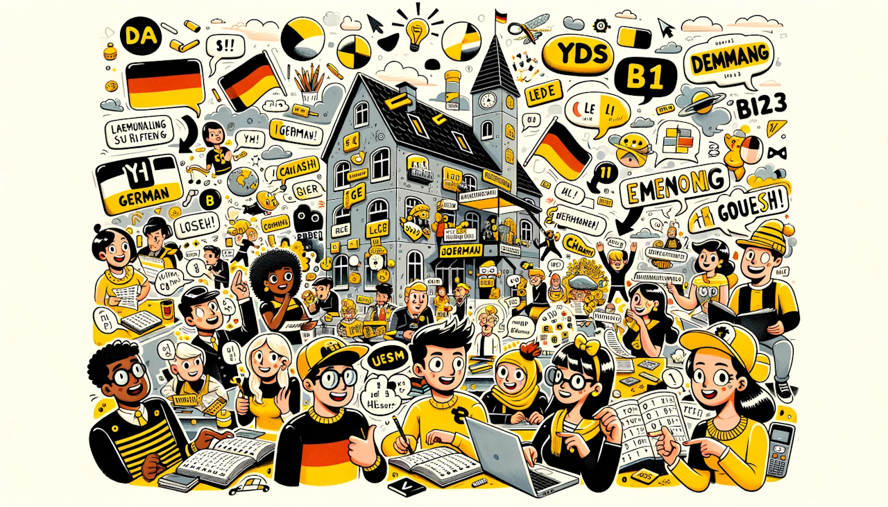 Farklı etnik kökenlerden öğrencilerin YDS ve B1 seviyesinde Almanca öğrenmek için anımsatıcı araçlar kullandığı canlı, karikatür tarzı bir dil öğrenme ortamının illüstrasyonu, ortam abartılı hafıza yardımcıları ve Almanca ile yaratıcı şekillerde etkileşime giren karakterler gibi etkileşimli ve mizahi unsurlarla dolu, palet ağırlıklı olarak sarı, siyah ve beyaz, ancak anımsatıcı öğrenmenin eğlencesini ve etkinliğini vurgulamak için diğer renk sıçramaları da var.