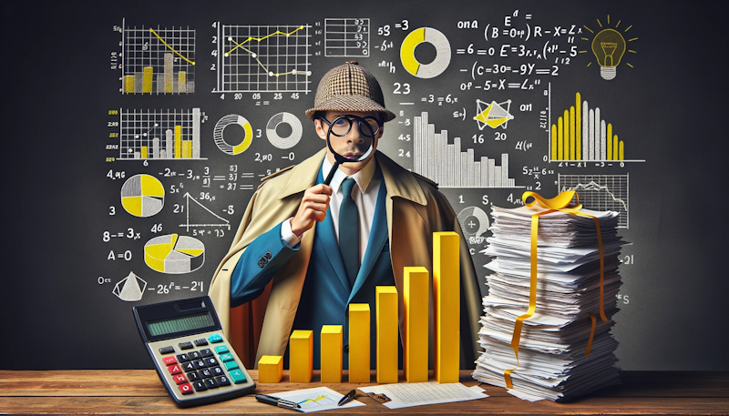 Dedektif kıyafeti giymiş, büyüteçle fiziksel bir çubuk grafiği inceleyen, büyük boy bir hesap makinesi, denklemli kara tahta ve kağıt grafik yığınları gibi sembolik temsillerle çevrili, hepsi sarı, siyah ve beyaz tonlarına bürünmüş ilginç bir veri bilimcisinin fotoğrafı, veri işleme için Excel'e alternatiflerin keşfedilmesini mizahi bir şekilde öneriyor