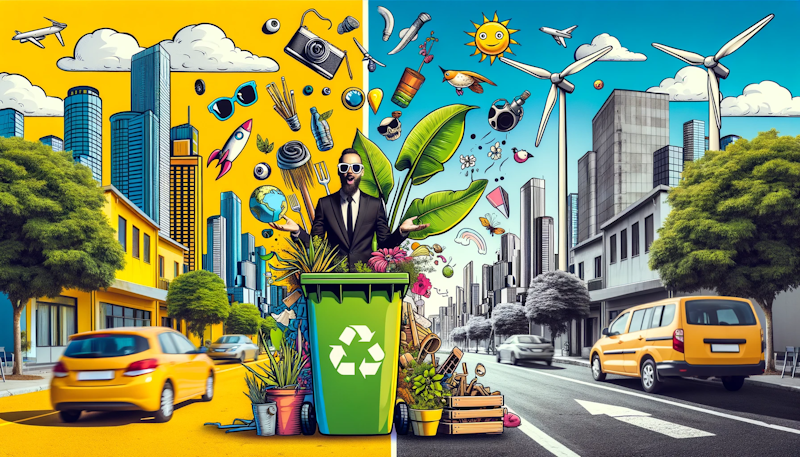 Canlı bir kentsel ortamda bir sürdürülebilirlik uzmanının fotoğrafı, kontrast oluşturan çorak bir manzara ile yan yana, renkler ağırlıklı olarak sarı, siyah ve beyaz, sürdürülebilir uygulamalar ve ihmal arasındaki keskin farkı sergiliyor, güneş gözlüğü takan bir saksı bitkisi, eşyalarla şakacı bir şekilde hokkabazlık yapan bir geri dönüşüm kutusu ve karikatür gözlü bir rüzgar türbini gibi mizah ipuçlarıyla, hepsi herhangi bir metin olmadan, sürdürülebilirlik için İngilizce terimleri anlamanın önemini görsel olarak vurgulayarak, modern kentsel yaşamı sürdürülebilir uygulamalarla harmanlayarak, mevcut eylemler ve gelecekteki sonuçlar arasında bağlantılar kurarak  Translated with www.DeepL.com/Translator (free version)