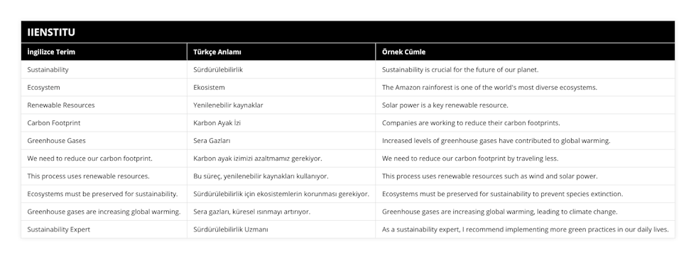 Sustainability, Sürdürülebilirlik, Sustainability is crucial for the future of our planet, Ecosystem, Ekosistem, The Amazon rainforest is one of the world's most diverse ecosystems, Renewable Resources, Yenilenebilir kaynaklar, Solar power is a key renewable resource, Carbon Footprint, Karbon Ayak İzi, Companies are working to reduce their carbon footprints, Greenhouse Gases, Sera Gazları, Increased levels of greenhouse gases have contributed to global warming, We need to reduce our carbon footprint, Karbon ayak izimizi azaltmamız gerekiyor, We need to reduce our carbon footprint by traveling less, This process uses renewable resources, Bu süreç, yenilenebilir kaynakları kullanıyor, This process uses renewable resources such as wind and solar power, Ecosystems must be preserved for sustainability, Sürdürülebilirlik için ekosistemlerin korunması gerekiyor, Ecosystems must be preserved for sustainability to prevent species extinction, Greenhouse gases are increasing global warming, Sera gazları, küresel ısınmayı artırıyor, Greenhouse gases are increasing global warming, leading to climate change, Sustainability Expert, Sürdürülebilirlik Uzmanı, As a sustainability expert, I recommend implementing more green practices in our daily lives