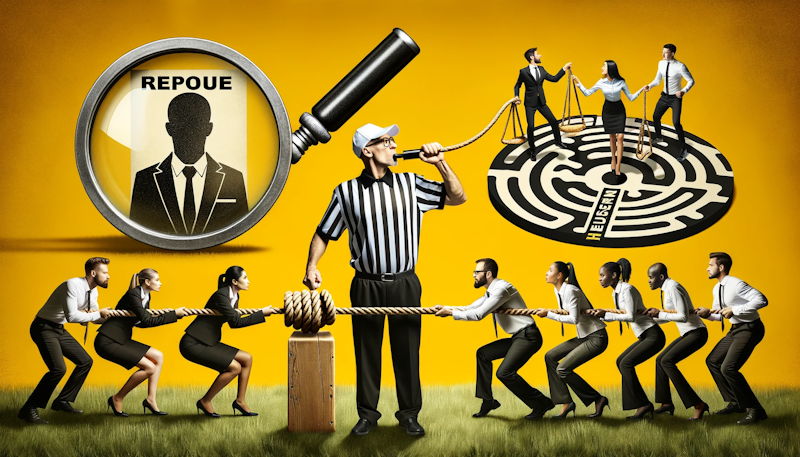 Photo in yellow, black, and white tones of an HR representative wearing referee stripes, humorously blowing a whistle while overseeing diverse team members playing a tug of war, the rope symbolizing the balance of employee well-being and business demands, in the background, a giant magnifying glass highlighting an employee's resume, a maze with an HR guide leading a path representing career development, and a seesaw with an HR person balancing it, indicating the equilibrium they maintain in the business landscape.
