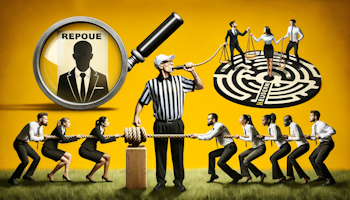 Photo in yellow, black, and white tones of an HR representative wearing referee stripes, humorously blowing a whistle while overseeing diverse team members playing a tug of war, the rope symbolizing the balance of employee well-being and business demands, in the background, a giant magnifying glass highlighting an employee's resume, a maze with an HR guide leading a path representing career development, and a seesaw with an HR person balancing it, indicating the equilibrium they maintain in the business landscape.
