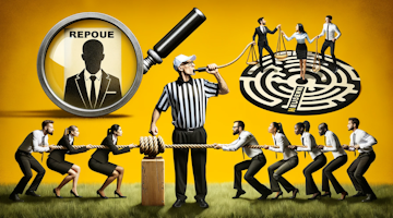 Photo in yellow, black, and white tones of an HR representative wearing referee stripes, humorously blowing a whistle while overseeing diverse team members playing a tug of war, the rope symbolizing the balance of employee well-being and business demands, in the background, a giant magnifying glass highlighting an employee's resume, a maze with an HR guide leading a path representing career development, and a seesaw with an HR person balancing it, indicating the equilibrium they maintain in the business landscape.