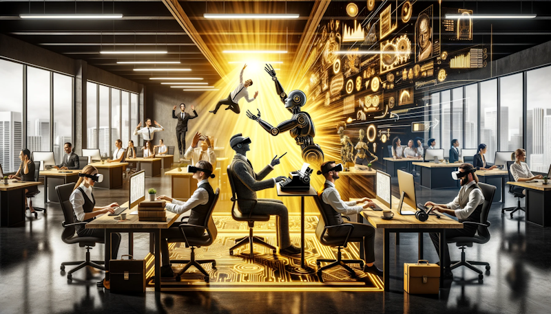 Photo of a modern office space transitioning from a traditional setup with desks and chairs to an innovative environment with virtual reality headsets, holographic projections, and robotic assistants. The scene is bathed in a dramatic yellow, black, and white color scheme. In one corner, a human employee is humorously trying to teach an old-fashioned typewriter to a robot, symbolizing the evolution of the workforce. In another area, a diverse group of employees are engaged in a VR team-building exercise, laughing together. The juxtaposition of old and new, traditional and futuristic, represents the critical objectives of human resource development in adapting to an evolving workforce.