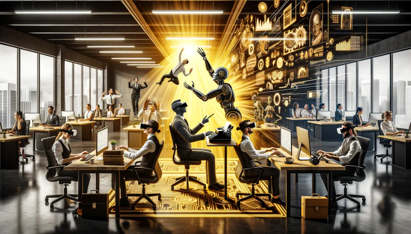Photo of a modern office space transitioning from a traditional setup with desks and chairs to an innovative environment with virtual reality headsets, holographic projections, and robotic assistants. The scene is bathed in a dramatic yellow, black, and white color scheme. In one corner, a human employee is humorously trying to teach an old-fashioned typewriter to a robot, symbolizing the evolution of the workforce. In another area, a diverse group of employees are engaged in a VR team-building exercise, laughing together. The juxtaposition of old and new, traditional and futuristic, represents the critical objectives of human resource development in adapting to an evolving workforce.