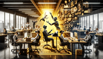 Photo of a modern office space transitioning from a traditional setup with desks and chairs to an innovative environment with virtual reality headsets, holographic projections, and robotic assistants. The scene is bathed in a dramatic yellow, black, and white color scheme. In one corner, a human employee is humorously trying to teach an old-fashioned typewriter to a robot, symbolizing the evolution of the workforce. In another area, a diverse group of employees are engaged in a VR team-building exercise, laughing together. The juxtaposition of old and new, traditional and futuristic, represents the critical objectives of human resource development in adapting to an evolving workforce.