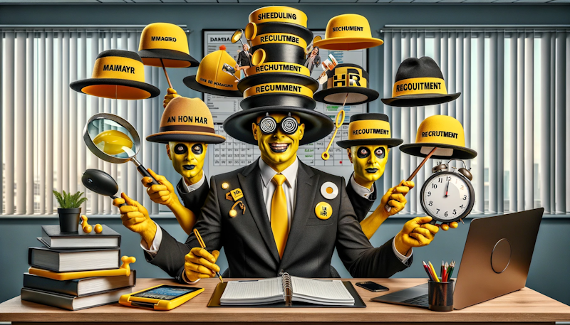 Ultra-realistic photo of a non-HR manager, drenched in yellow, black, and white hues, wearing multiple hats (literally) - each representing a different HR function. With a humorous expression, they juggle various HR tools and items such as a calendar for scheduling, a magnifying glass for recruitment, and a peace sign for conflict resolution. The backdrop is an office setting, and the scene playfully emphasizes the multifaceted nature of HR skills needed by managers outside the HR department.