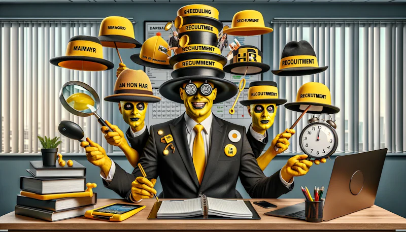 Ultra-realistic photo of a non-HR manager, drenched in yellow, black, and white hues, wearing multiple hats (literally) - each representing a different HR function. With a humorous expression, they juggle various HR tools and items such as a calendar for scheduling, a magnifying glass for recruitment, and a peace sign for conflict resolution. The backdrop is an office setting, and the scene playfully emphasizes the multifaceted nature of HR skills needed by managers outside the HR department.