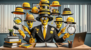 Ultra-realistic photo of a non-HR manager, drenched in yellow, black, and white hues, wearing multiple hats (literally) - each representing a different HR function. With a humorous expression, they juggle various HR tools and items such as a calendar for scheduling, a magnifying glass for recruitment, and a peace sign for conflict resolution. The backdrop is an office setting, and the scene playfully emphasizes the multifaceted nature of HR skills needed by managers outside the HR department.
