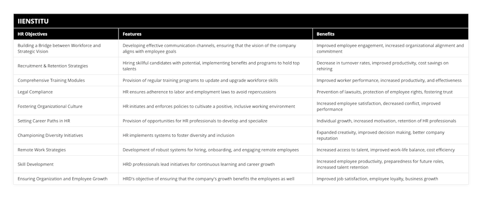 Building a Bridge between Workforce and Strategic Vision, Developing effective communication channels, ensuring that the vision of the company aligns with employee goals, Improved employee engagement, increased organizational alignment and commitment, Recruitment & Retention Strategies, Hiring skillful candidates with potential, implementing benefits and programs to hold top talents, Decrease in turnover rates, improved productivity, cost savings on rehiring, Comprehensive Training Modules, Provision of regular training programs to update and upgrade workforce skills, Improved worker performance, increased productivity, and effectiveness, Legal Compliance, HR ensures adherence to labor and employment laws to avoid repercussions, Prevention of lawsuits, protection of employee rights, fostering trust, Fostering Organizational Culture, HR initiates and enforces policies to cultivate a positive, inclusive working environment, Increased employee satisfaction, decreased conflict, improved performance, Setting Career Paths in HR, Provision of opportunities for HR professionals to develop and specialize, Individual growth, increased motivation, retention of HR professionals, Championing Diversity Initiatives, HR implements systems to foster diversity and inclusion, Expanded creativity, improved decision making, better company reputation, Remote Work Strategies, Development of robust systems for hiring, onboarding, and engaging remote employees, Increased access to talent, improved work-life balance, cost efficiency, Skill Development, HRD professionals lead initiatives for continuous learning and career growth, Increased employee productivity, preparedness for future roles, increased talent retention, Ensuring Organization and Employee Growth, HRD's objective of ensuring that the company's growth benefits the employees as well, Improved job satisfaction, employee loyalty, business growth