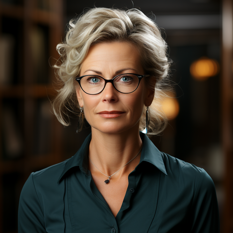 A mature woman with glasses, blonde hair, and wearing a green shirt, looking at the camera with a calm expression.
