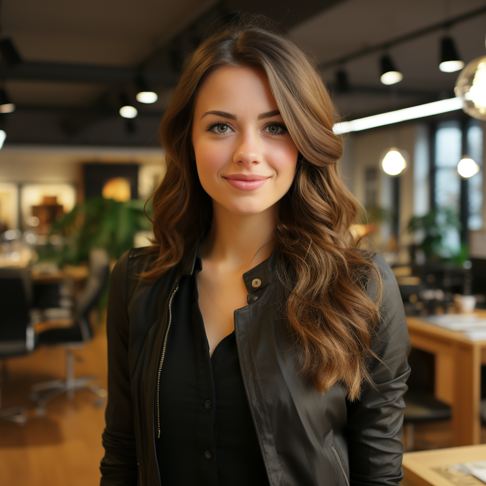 A young woman with long wavy brown hair, wearing a black jacket, standing in a modern interior space, looking at the camera with a gentle smile.