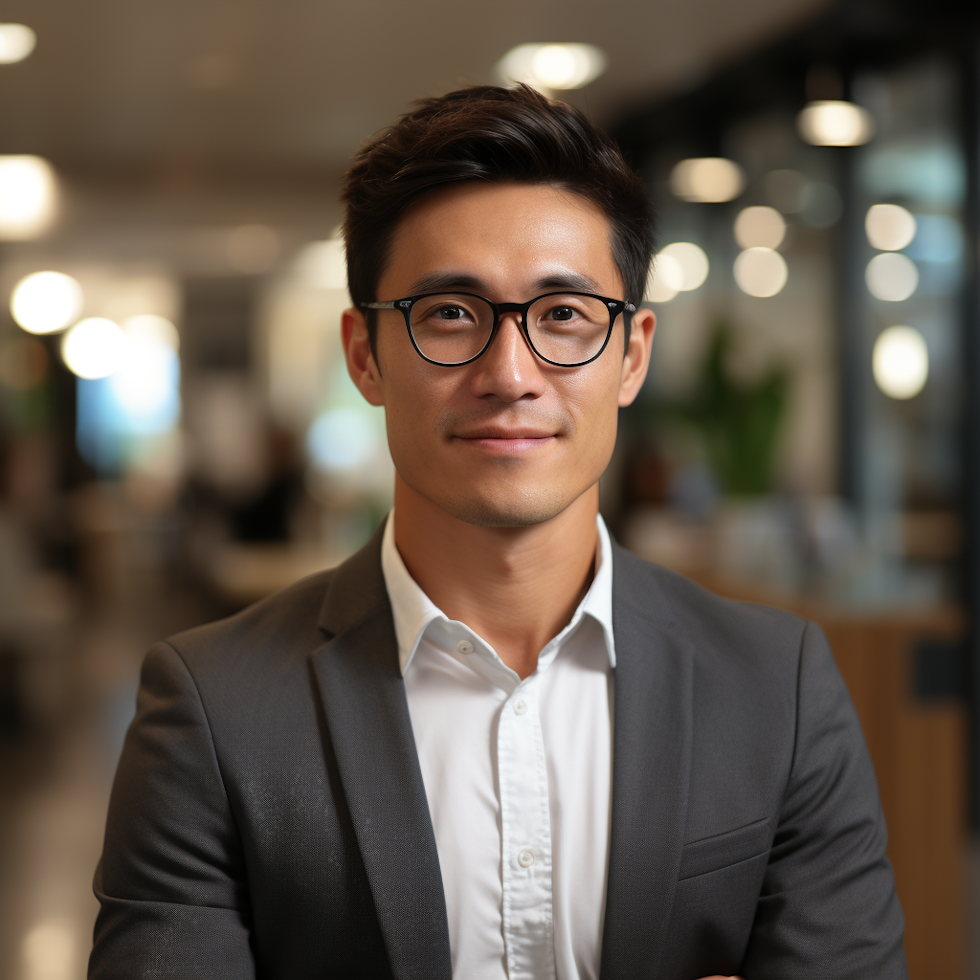 A man with dark hair, wearing glasses, a gray suit, and a white shirt, looking at the camera with a gentle smile.