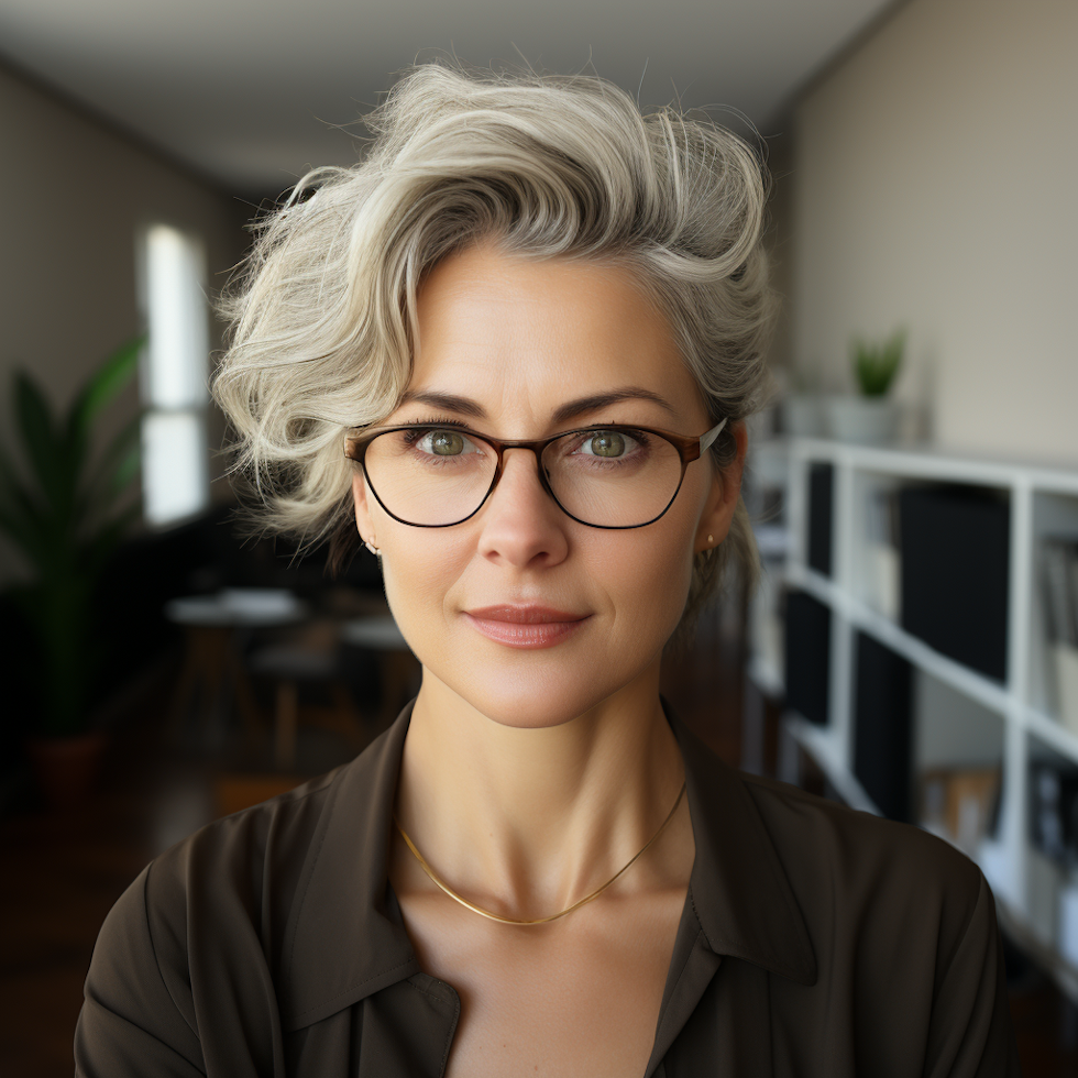 A woman with short, wavy silver hair, wearing glasses, a brown blouse, and a gold necklace, looking directly at the camera with a calm expression.