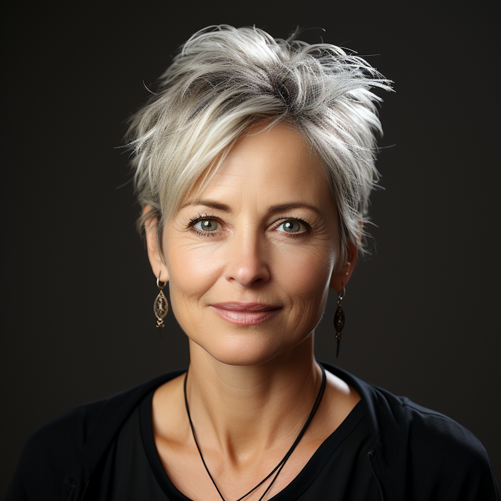 A woman with short, silver hair that has a tousled look, wearing intricate drop earrings, a black top, and a black necklace. She has a gentle smile and is looking directly at the camera against a dark background.