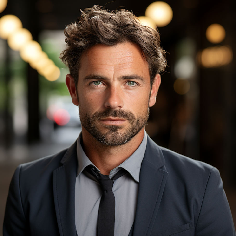 A man with wavy, medium-length dark hair and a short beard. He is wearing a gray suit with a black tie, and he is looking intently at the camera. The background is blurred with a hint of city lights and a walkway.