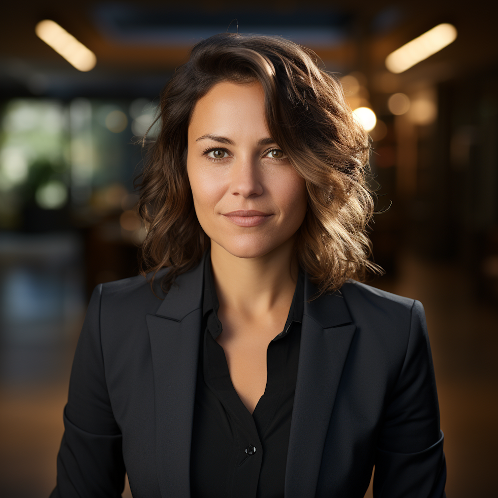 A woman with wavy, shoulder-length brown hair. She is wearing a black blazer over a black shirt. She has a gentle and confident expression. The background showcases an indoor setting with soft lighting, possibly a business or office environment.
