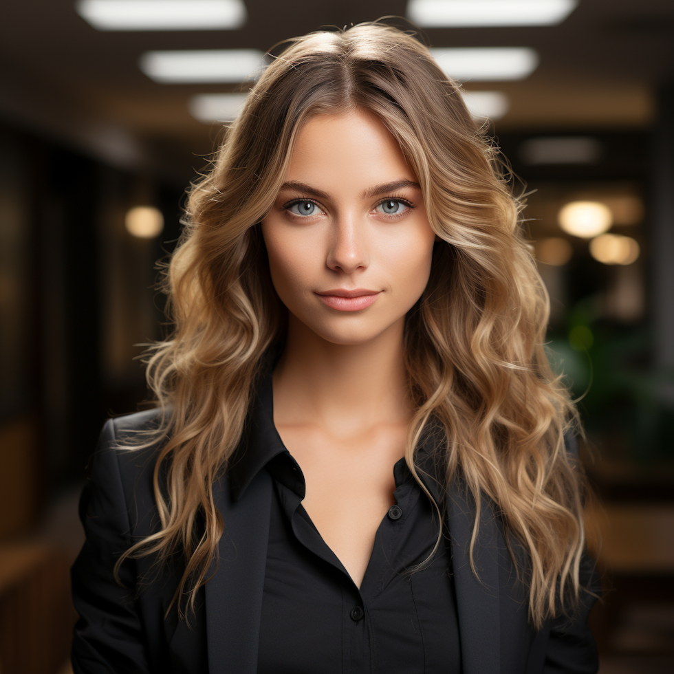 A woman with long, wavy blonde hair. She is wearing a black shirt with a collar. Her expression is calm and poised, with bright blue eyes looking directly at the camera. The setting appears to be indoors with modern architectural elements and soft lighting.