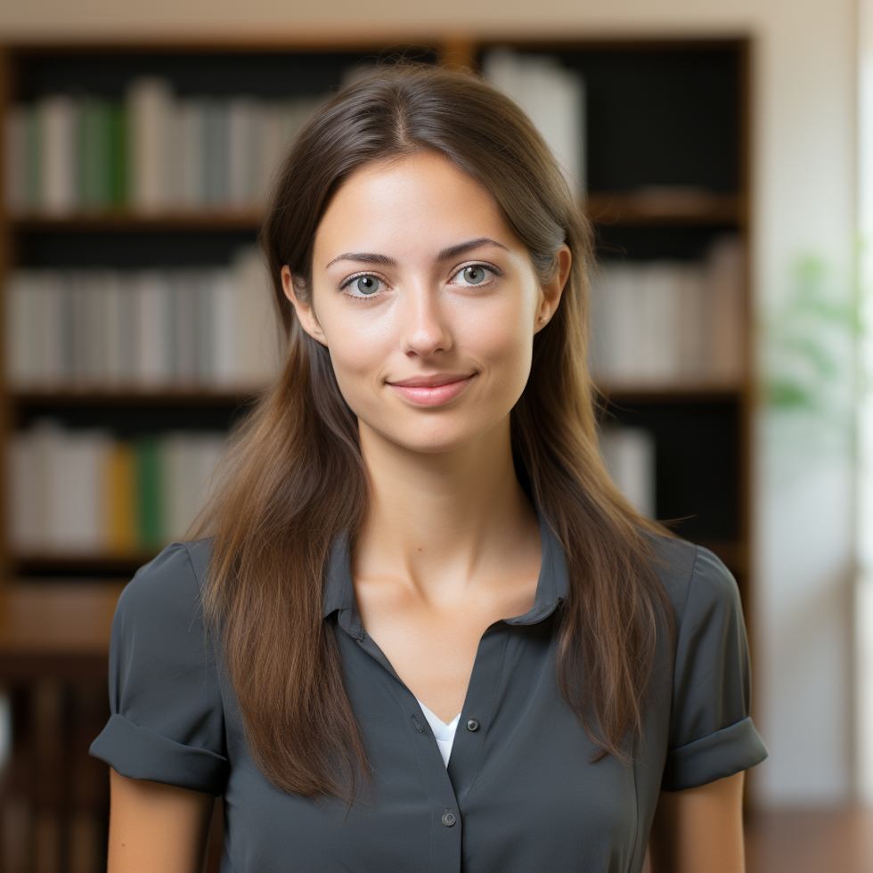 A woman with long, straight brown hair. She is wearing a gray collared shirt. Her expression is gentle and approachable, with hazel eyes looking directly at the camera. She is standing in front of a bookshelf filled with books, suggesting a scholarly or academic setting.