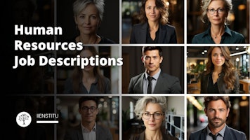 This appears to be a promotional or informational graphic related to "Human Resources Job Descriptions". The graphic showcases images of various individuals, possibly portraying different roles or personas within the human resources field.