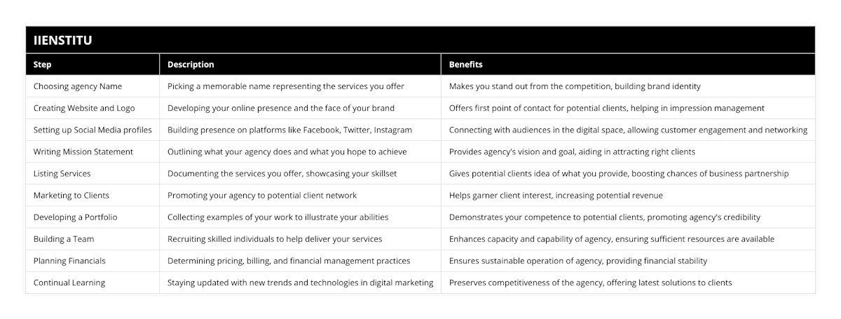 Choosing agency Name, Picking a memorable name representing the services you offer, Makes you stand out from the competition, building brand identity, Creating Website and Logo, Developing your online presence and the face of your brand, Offers first point of contact for potential clients, helping in impression management, Setting up Social Media profiles, Building presence on platforms like Facebook, Twitter, Instagram, Connecting with audiences in the digital space, allowing customer engagement and networking, Writing Mission Statement, Outlining what your agency does and what you hope to achieve, Provides agency's vision and goal, aiding in attracting right clients, Listing Services, Documenting the services you offer, showcasing your skillset, Gives potential clients idea of what you provide, boosting chances of business partnership, Marketing to Clients, Promoting your agency to potential client network, Helps garner client interest, increasing potential revenue, Developing a Portfolio, Collecting examples of your work to illustrate your abilities, Demonstrates your competence to potential clients, promoting agency's credibility, Building a Team, Recruiting skilled individuals to help deliver your services, Enhances capacity and capability of agency, ensuring sufficient resources are available, Planning Financials, Determining pricing, billing, and financial management practices, Ensures sustainable operation of agency, providing financial stability, Continual Learning, Staying updated with new trends and technologies in digital marketing, Preserves competitiveness of the agency, offering latest solutions to clients