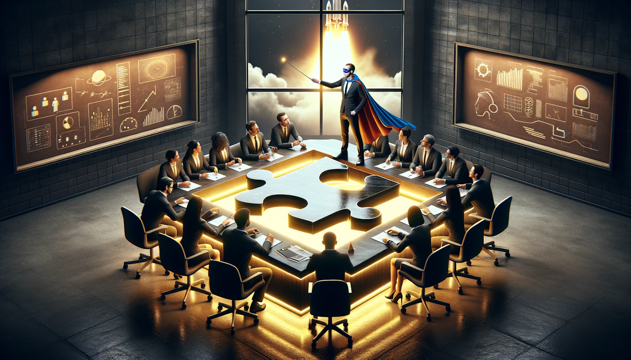Photo, 4k ultra-realistic quality, showcasing a corporate meeting room. A diverse group of employees surrounds a table shaped like a puzzle piece. They all work together, fitting smaller puzzle pieces, symbolizing HR skills, into the table. The pieces glow with a yellow light, while the rest of the room has a contrast of black and white. In the background, a window reveals a rocket launch, representing the boost in success. A quirky touch is added with a manager, wearing superhero cape and goggles, directing the assembly with a conductor's baton.