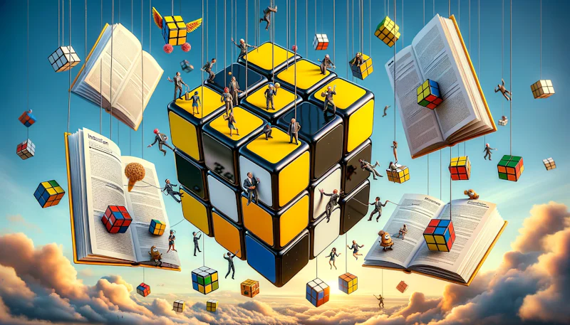 Ultra-realistic photo of a giant yellow, black, and white Rubik's cube floating in mid-air with tiny people suspended on ropes, trying to solve it. Each cube face represents a different HR skill. Nearby, a humorous, oversized instruction manual flies open with cartoonish characters springing out of the pages, attempting to assist the climbers. The sky above is a whirl of contrasting colors, symbolizing the complexity and multi-dimensional nature of HR skills.