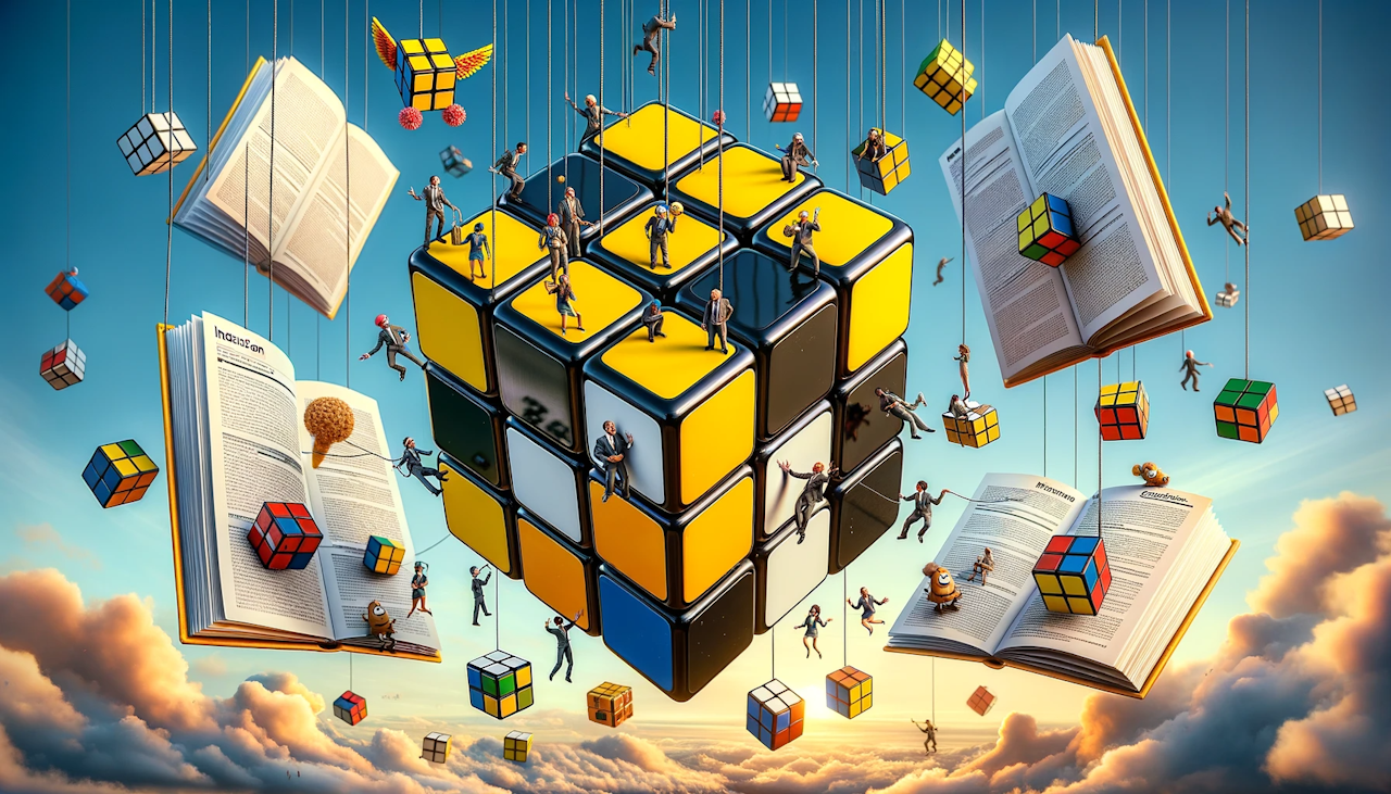 Ultra-realistic photo of a giant yellow, black, and white Rubik's cube floating in mid-air with tiny people suspended on ropes, trying to solve it. Each cube face represents a different HR skill. Nearby, a humorous, oversized instruction manual flies open with cartoonish characters springing out of the pages, attempting to assist the climbers. The sky above is a whirl of contrasting colors, symbolizing the complexity and multi-dimensional nature of HR skills.