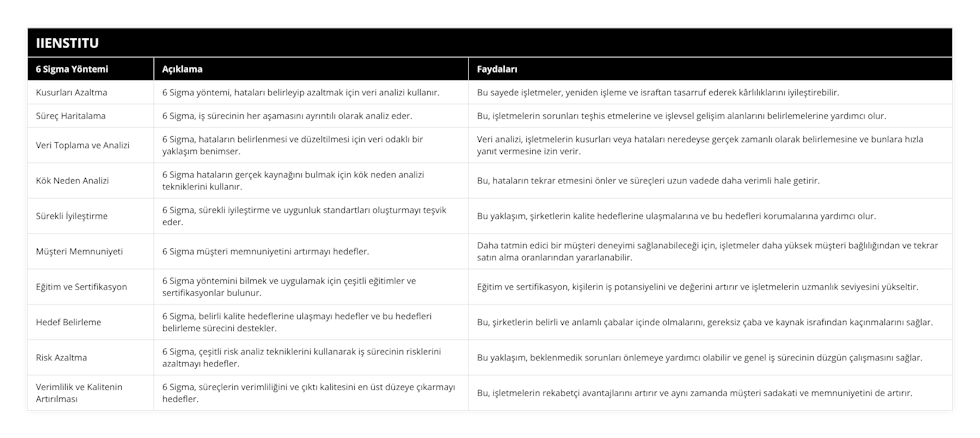 Kusurları Azaltma, 6 Sigma yöntemi, hataları belirleyip azaltmak için veri analizi kullanır, Bu sayede işletmeler, yeniden işleme ve israftan tasarruf ederek kârlılıklarını iyileştirebilir, Süreç Haritalama, 6 Sigma, iş sürecinin her aşamasını ayrıntılı olarak analiz eder, Bu, işletmelerin sorunları teşhis etmelerine ve işlevsel gelişim alanlarını belirlemelerine yardımcı olur, Veri Toplama ve Analizi, 6 Sigma, hataların belirlenmesi ve düzeltilmesi için veri odaklı bir yaklaşım benimser, Veri analizi, işletmelerin kusurları veya hataları neredeyse gerçek zamanlı olarak belirlemesine ve bunlara hızla yanıt vermesine izin verir, Kök Neden Analizi, 6 Sigma hataların gerçek kaynağını bulmak için kök neden analizi tekniklerini kullanır, Bu, hataların tekrar etmesini önler ve süreçleri uzun vadede daha verimli hale getirir, Sürekli İyileştirme, 6 Sigma, sürekli iyileştirme ve uygunluk standartları oluşturmayı teşvik eder, Bu yaklaşım, şirketlerin kalite hedeflerine ulaşmalarına ve bu hedefleri korumalarına yardımcı olur, Müşteri Memnuniyeti, 6 Sigma müşteri memnuniyetini artırmayı hedefler, Daha tatmin edici bir müşteri deneyimi sağlanabileceği için, işletmeler daha yüksek müşteri bağlılığından ve tekrar satın alma oranlarından yararlanabilir, Eğitim ve Sertifikasyon, 6 Sigma yöntemini bilmek ve uygulamak için çeşitli eğitimler ve sertifikasyonlar bulunur, Eğitim ve sertifikasyon, kişilerin iş potansiyelini ve değerini artırır ve işletmelerin uzmanlık seviyesini yükseltir, Hedef Belirleme, 6 Sigma, belirli kalite hedeflerine ulaşmayı hedefler ve bu hedefleri belirleme sürecini destekler, Bu, şirketlerin belirli ve anlamlı çabalar içinde olmalarını, gereksiz çaba ve kaynak israfından kaçınmalarını sağlar, Risk Azaltma, 6 Sigma, çeşitli risk analiz tekniklerini kullanarak iş sürecinin risklerini azaltmayı hedefler, Bu yaklaşım, beklenmedik sorunları önlemeye yardımcı olabilir ve genel iş sürecinin düzgün çalışmasını sağlar, Verimlilik ve Kalitenin Artırılması, 6 Sigma, süreçlerin verimliliğini ve çıktı kalitesini en üst düzeye çıkarmayı hedefler, Bu, işletmelerin rekabetçi avantajlarını artırır ve aynı zamanda müşteri sadakati ve memnuniyetini de artırır